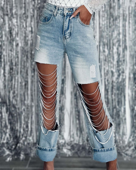 Straight-Leg Ripped Jeans with Chain Ornaments for Women: Early Spring Collection