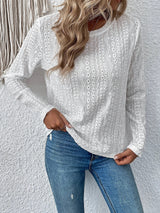Women Tops Round Neck Solid Color Lace Hollowed Casual T Shirt