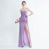 Gathers Sequ Handmade Floral Split Sling Simple Evening Dress