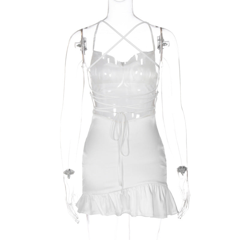 Women Clothing Summer Elegant Sexy Low Cut Backless Lace up Strap Dress