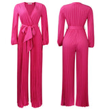 Pre-Order Summer V neck Sexy Lace up Pleated Wide Leg Jumpsuit