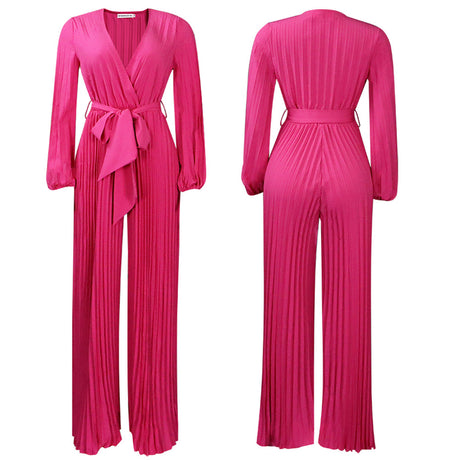 Pre-Order Summer V neck Sexy Lace up Pleated Wide Leg Jumpsuit
