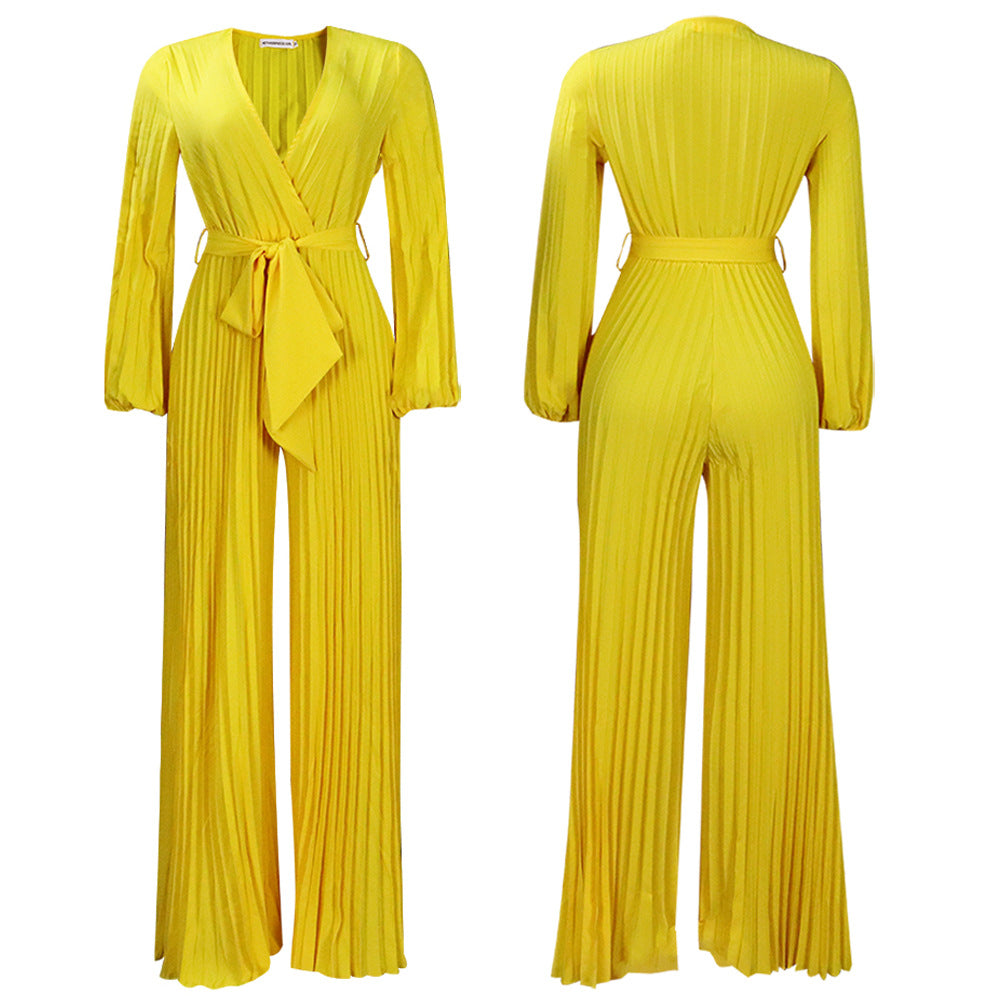 Pre-Order Summer V neck Sexy Lace up Pleated Wide Leg Jumpsuit