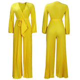 Pre-Order Summer V neck Sexy Lace up Pleated Wide Leg Jumpsuit