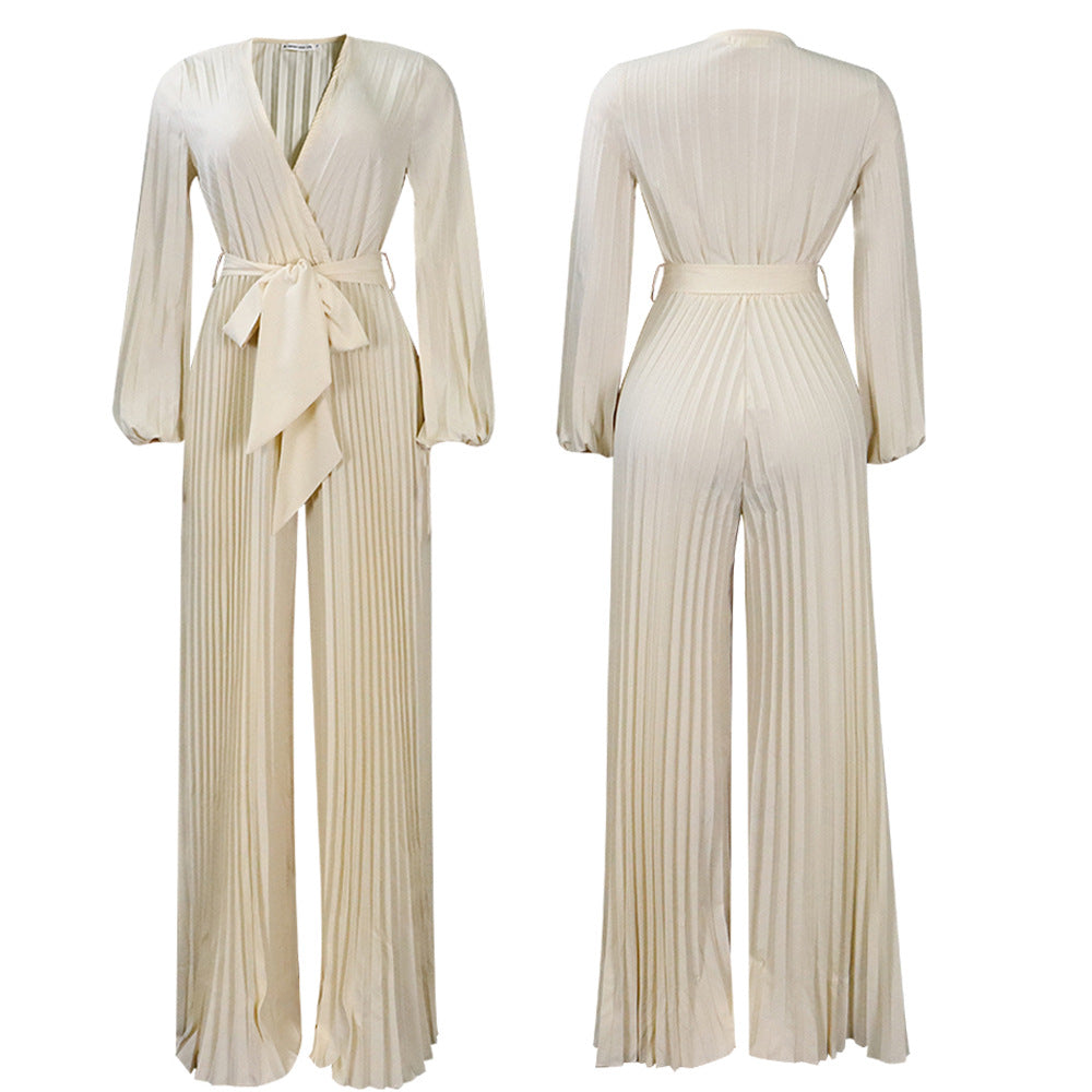 Pre-Order Summer V neck Sexy Lace up Pleated Wide Leg Jumpsuit