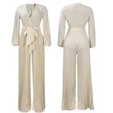 Pre-Order Summer V neck Sexy Lace up Pleated Wide Leg Jumpsuit