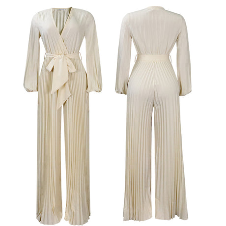 Pre-Order Summer V neck Sexy Lace up Pleated Wide Leg Jumpsuit