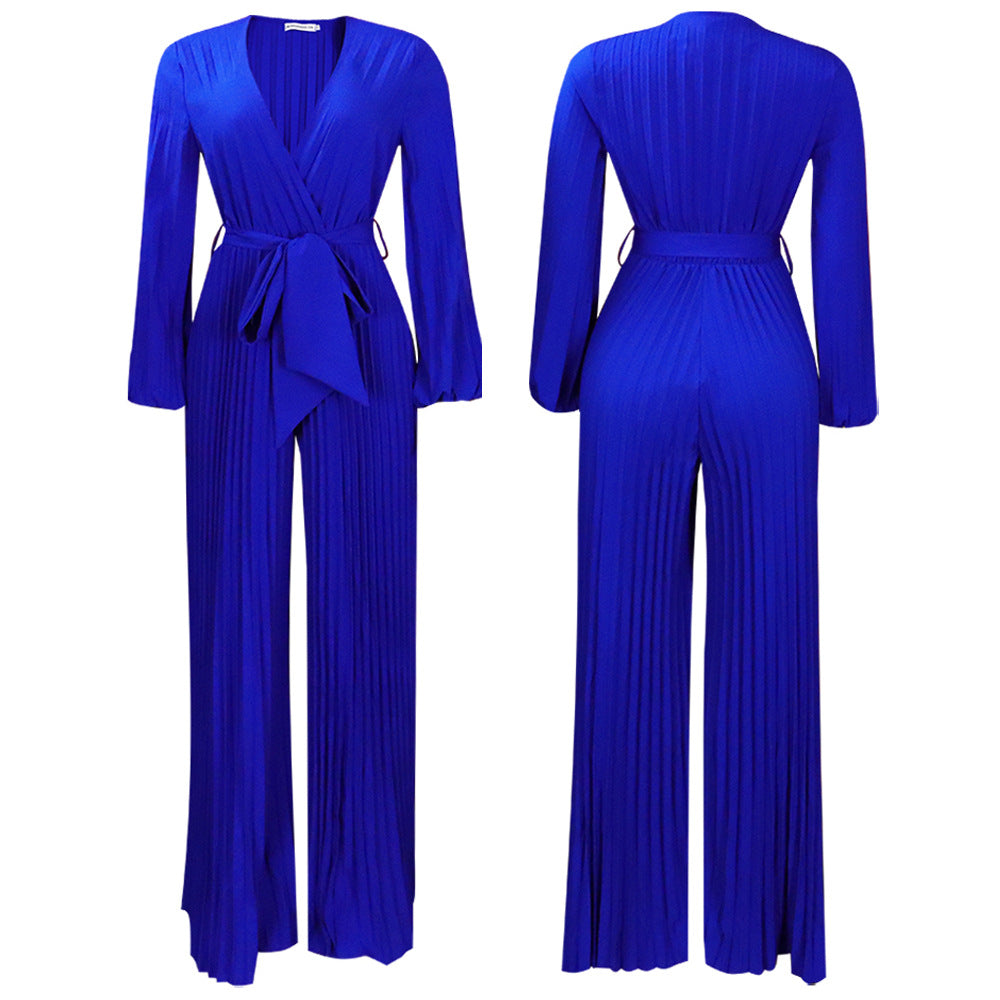 Pre-Order Summer V neck Sexy Lace up Pleated Wide Leg Jumpsuit