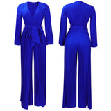 Pre-Order Summer V neck Sexy Lace up Pleated Wide Leg Jumpsuit