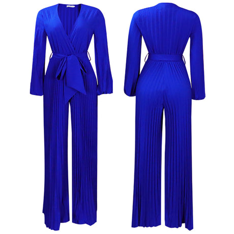 Pre-Order Summer V neck Sexy Lace up Pleated Wide Leg Jumpsuit