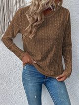 Women Tops Round Neck Solid Color Lace Hollowed Casual T Shirt