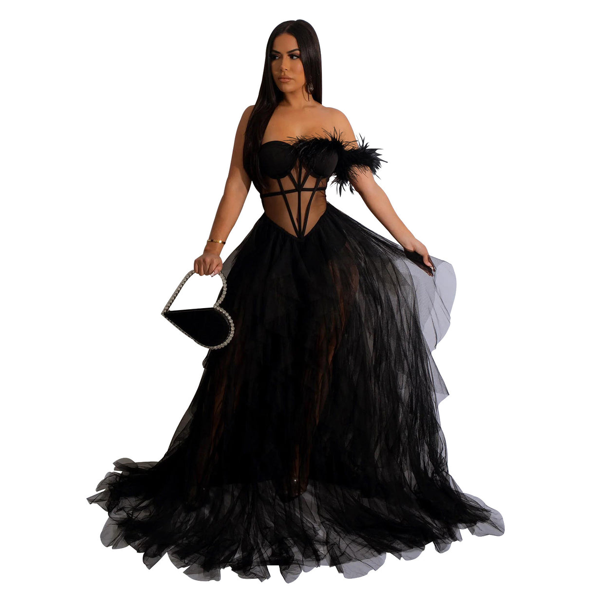 Women Wear Solid Color Sleeveless Chest Wrap Mesh Maxi Dress Dress