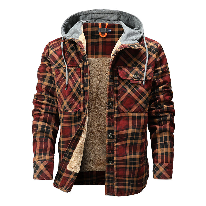 Men Lumberjack Plaid Hooded Jackets Snap Button