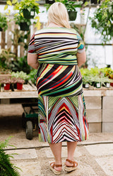 Plus size Striped Crew Neck Short Sleeve Midi Dress