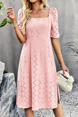 Eyelet Square Neck Puff Sleeve Dress