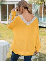 Women's Solid Color Cutout Lace Panel Waffle V-Neck Top