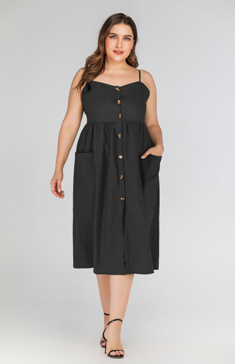 Women's Button Pocket Solid Color Slip Dress