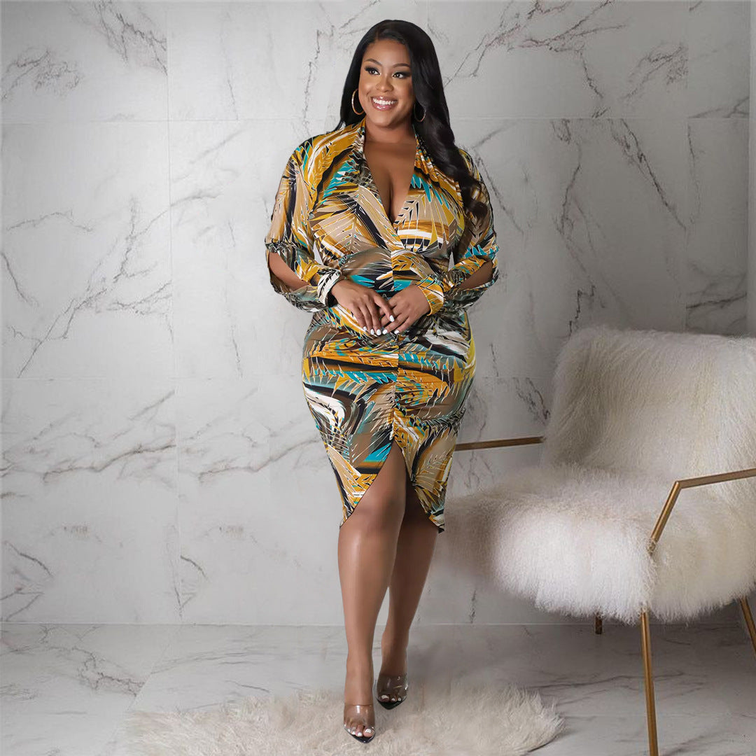 Pre-Order Curvy Size Women Clothes V neck Floral Print Slit Pleated Hollow Out Cutout Sleeve Dress