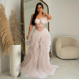 Women Wear Solid Color Sleeveless Chest Wrap Mesh Maxi Dress Dress