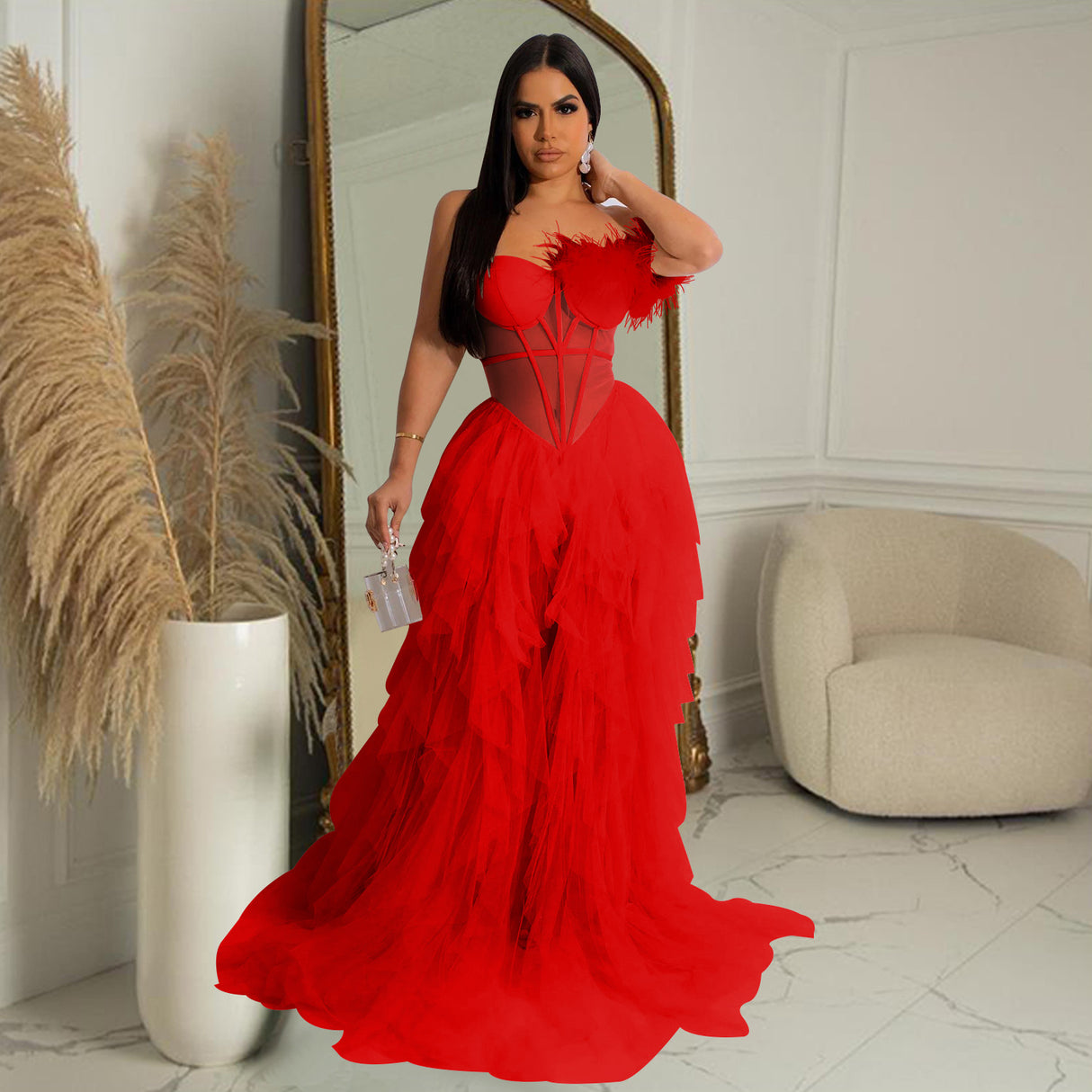 Women Wear Solid Color Sleeveless Chest Wrap Mesh Maxi Dress Dress