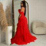 Women Wear Solid Color Sleeveless Chest Wrap Mesh Maxi Dress Dress