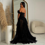 Women Wear Solid Color Sleeveless Chest Wrap Mesh Maxi Dress Dress