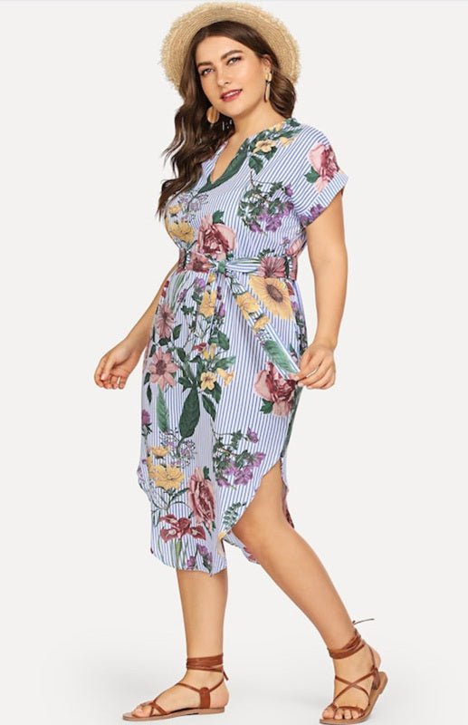Women's Plus Size Striped V-Neck Short Sleeve Dress