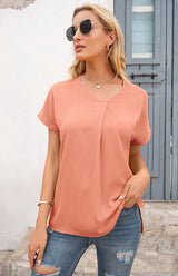 Women's Short Sleeve Casual V-Neck Top Pleated Shirt