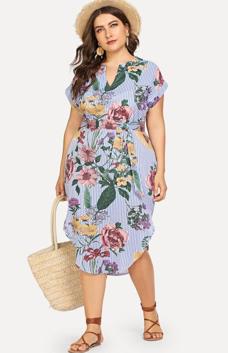 Women's Plus Size Striped V-Neck Short Sleeve Dress