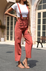 Women's Solid Color Loose Cotton Linen Straight Bib Pants