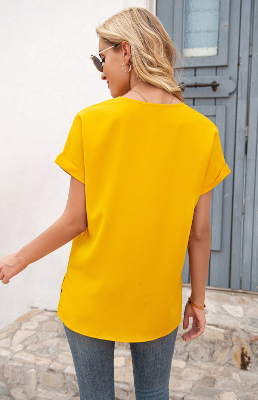 Women's Short Sleeve Casual V-Neck Top Pleated Shirt