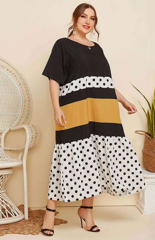 Women's Polka Dot Colorblock Round Neck Long Dress