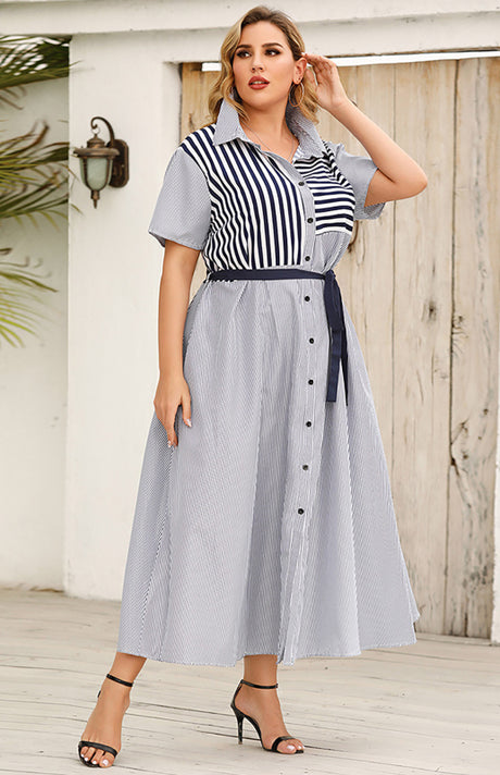 Women's Striped Short Sleeve Shirt Collar Dress