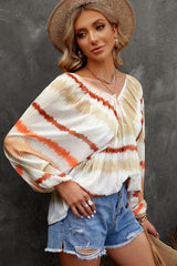 Striped Balloon Sleeve V-Neck Babydoll Blouse