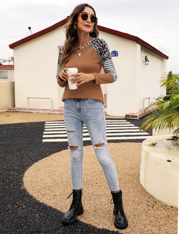 Women’s Long Sleeve Waffle Sweater With Leopard And Stripe Color Blocking