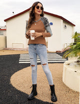 Women’s Long Sleeve Waffle Sweater With Leopard And Stripe Color Blocking