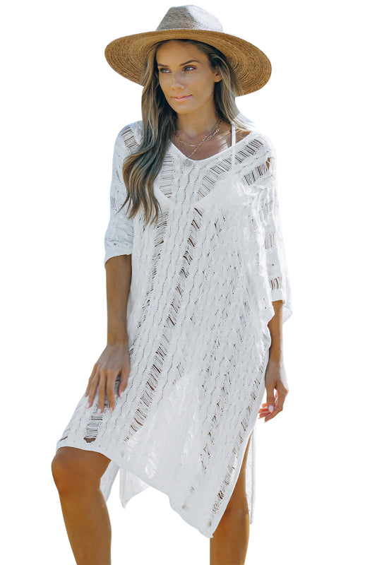White Knit Hollow-out Beach Cover up Dolman Sleeves Side Slits Dress