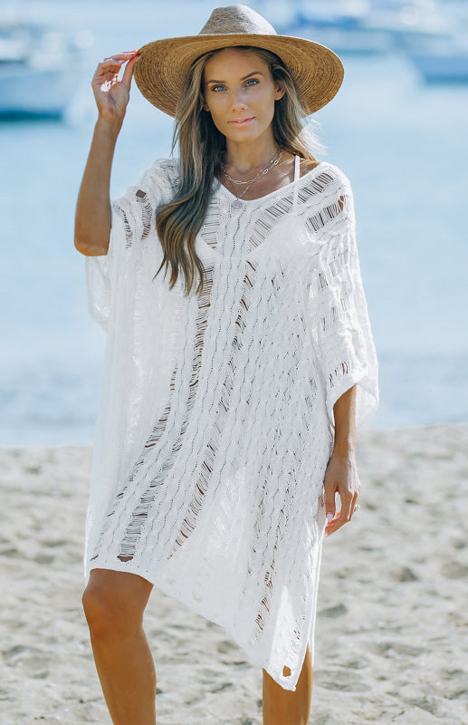 White Knit Hollow-out Beach Cover up Dolman Sleeves Side Slits Dress