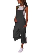 Solid Color Cotton Linen Casual Loose Long Wide Leg Jumpsuit Suspenders Straps Back Pants