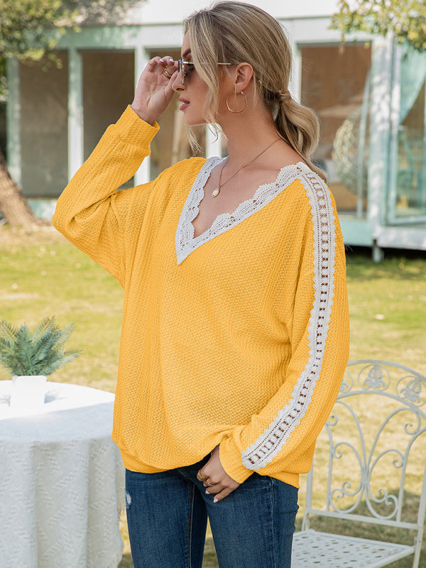 Women's Solid Color Cutout Lace Panel Waffle V-Neck Top