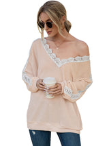 Women's Solid Color Cutout Lace Panel Waffle V-Neck Top