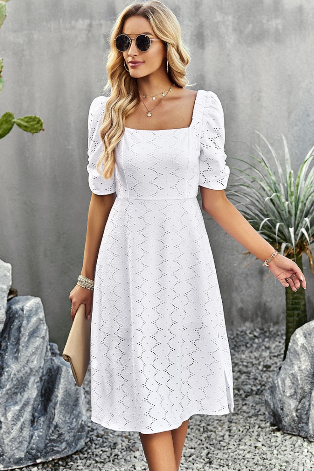 Eyelet Square Neck Puff Sleeve Dress