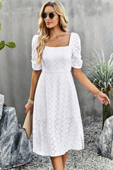 Eyelet Square Neck Puff Sleeve Dress