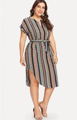 Women's Plus Size Striped V-Neck Short Sleeve Dress