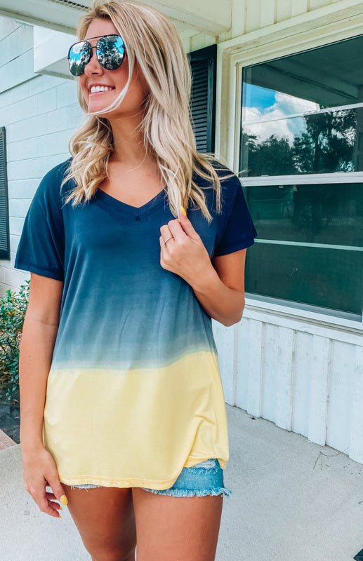 Women's Blue Gradient Block V-Neck T-Shirt