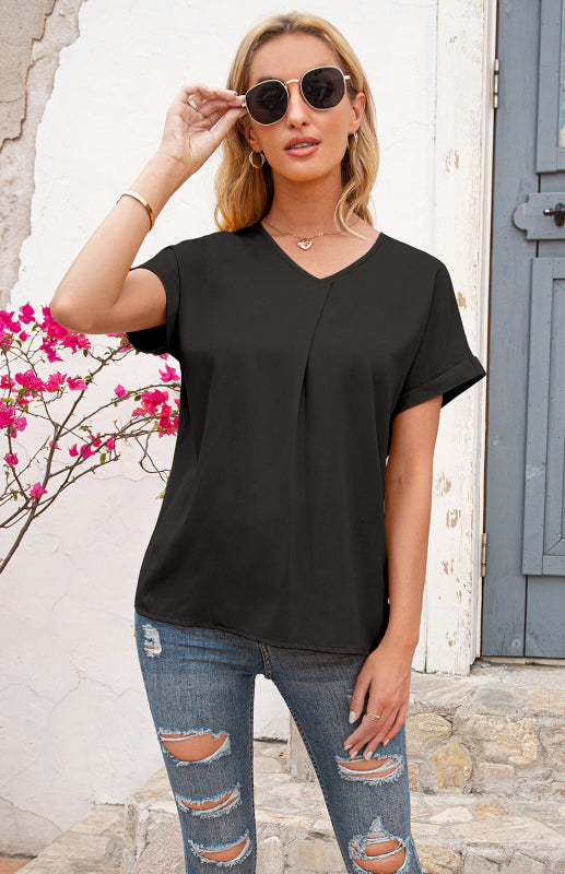 Women's Short Sleeve Casual V-Neck Top Pleated Shirt