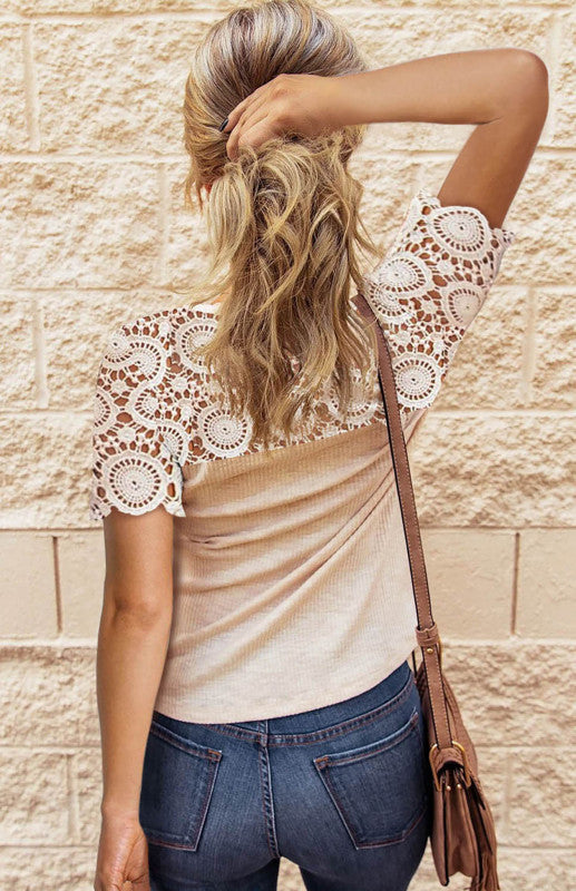 Women's Round Neck Button Half Placket Panel Lace Short Sleeve Top