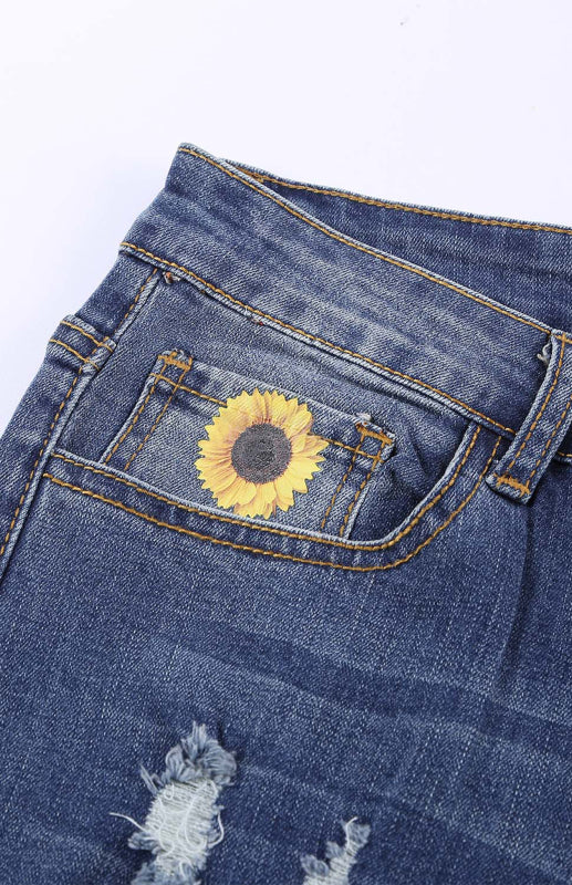 Leopard Patchwork Sunflower Print Distressed High Waist Jeans