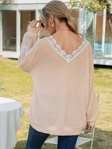 Women's Solid Color Cutout Lace Panel Waffle V-Neck Top