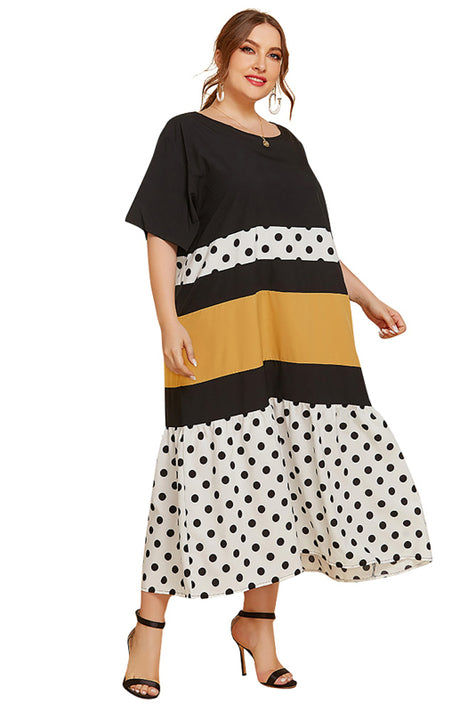 Women's Polka Dot Colorblock Round Neck Long Dress